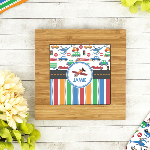 Transportation & Stripes Bamboo Trivet with 6" Tile - LIFESTYLE