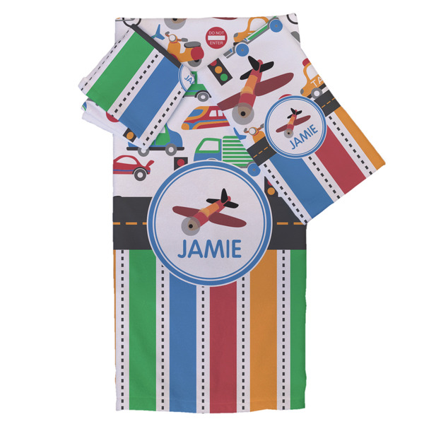 Custom Transportation & Stripes Bath Towel Set - 3 Pcs (Personalized)