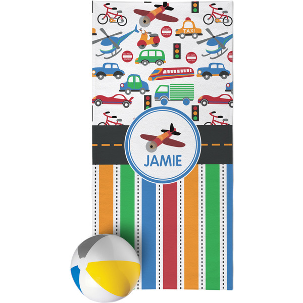 Custom Transportation & Stripes Beach Towel (Personalized)