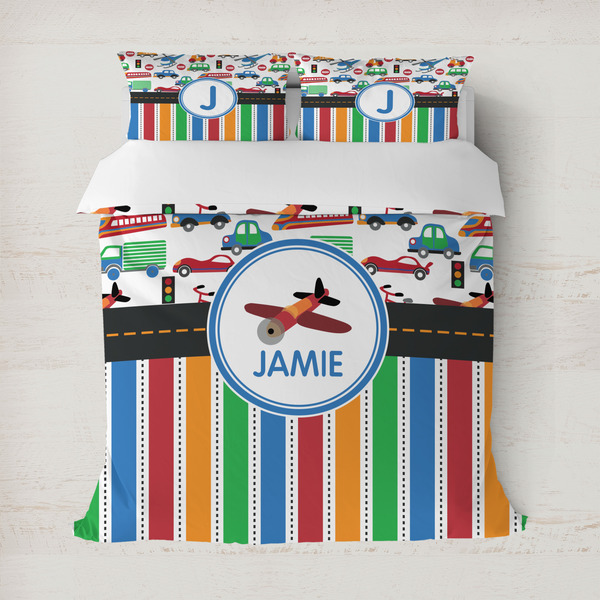 Custom Transportation & Stripes Duvet Cover Set - Full / Queen (Personalized)