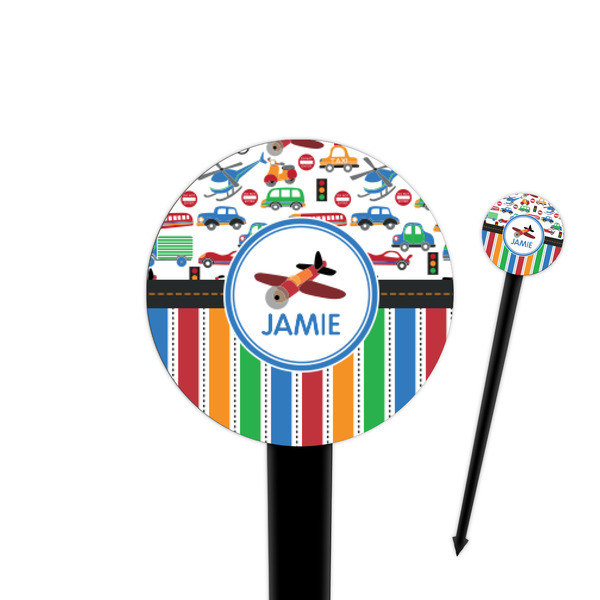 Custom Transportation & Stripes 4" Round Plastic Food Picks - Black - Single Sided (Personalized)