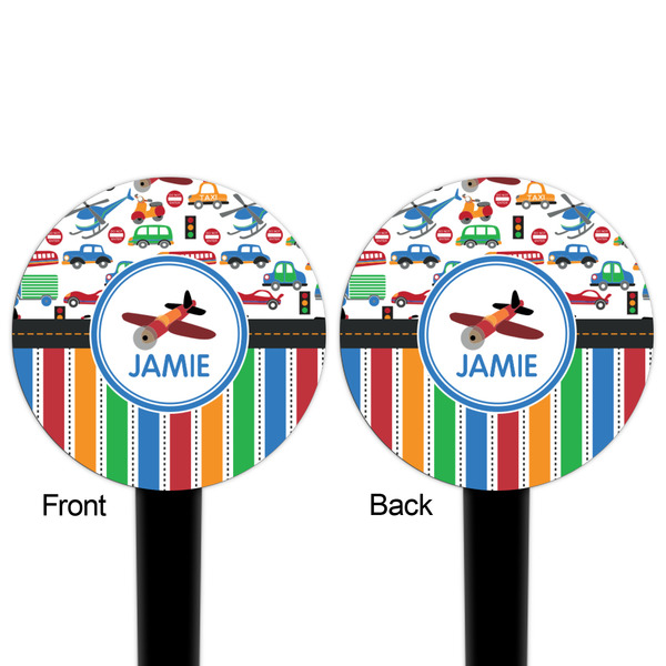 Transportation & Stripes Black Plastic 4" Food Pick - Round - Double Sided - Front & Back