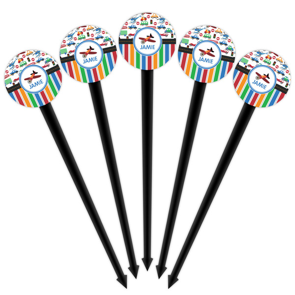 Transportation & Stripes Black Plastic 4" Food Pick - Round - Fan View