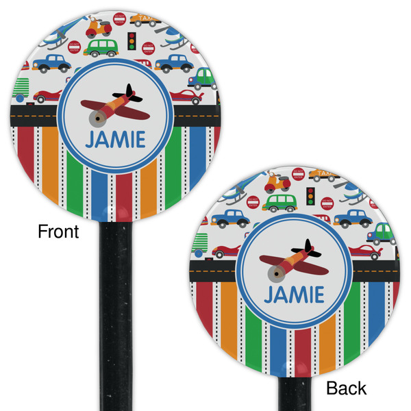 Transportation & Stripes Black Plastic 5.5" Stir Stick - Double Sided - Round - Front & Back
