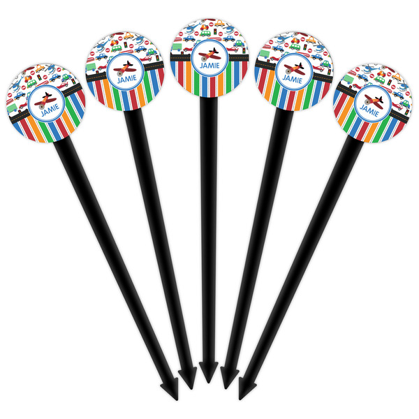 Transportation & Stripes Black Plastic 6" Food Pick - Round - Fan View