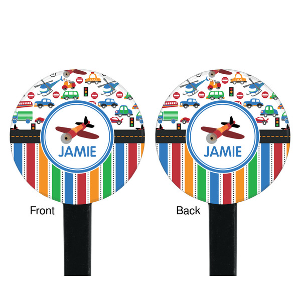 Transportation & Stripes Black Plastic 7" Stir Stick - Double Sided - Round - Front & Back