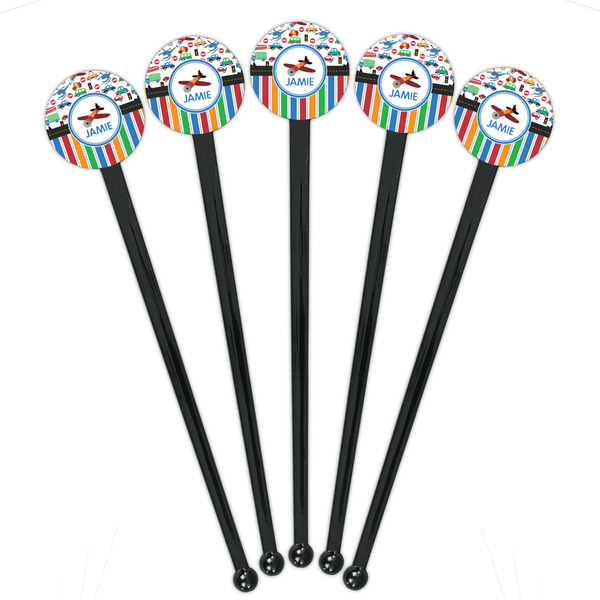 Transportation & Stripes Black Plastic 7" Stir Stick - Round - Fan View