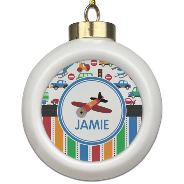 Custom Transportation & Stripes Ceramic Ball Ornament (Personalized)