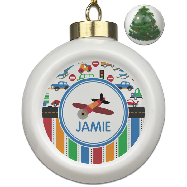 Custom Transportation & Stripes Ceramic Ball Ornament - Christmas Tree (Personalized)