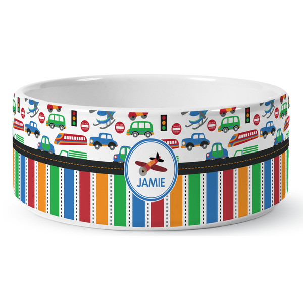 Transportation & Stripes Ceramic Dog Bowl - Medium - Front