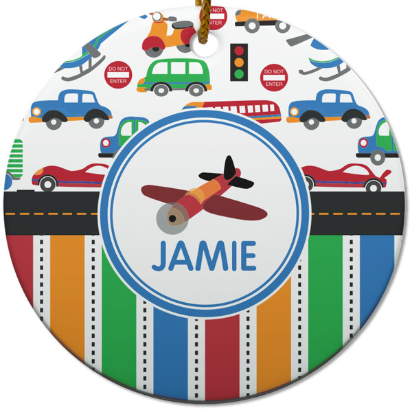 Custom Transportation & Stripes Round Ceramic Ornament w/ Name or Text