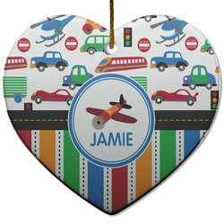 Transportation & Stripes Heart Ceramic Ornament w/ Name or Text