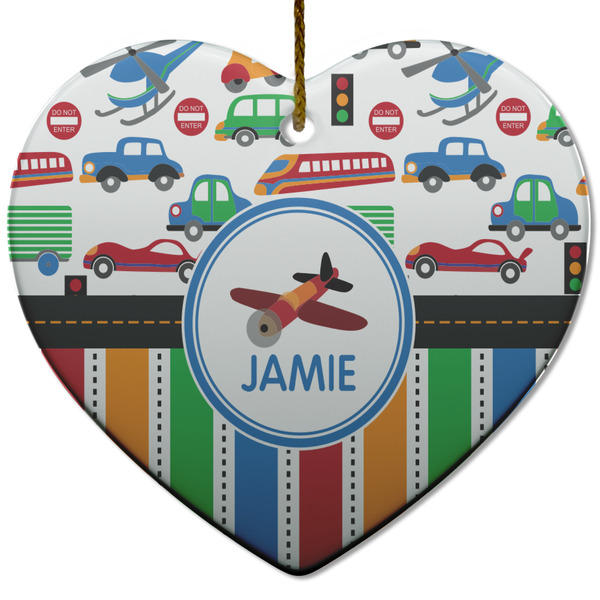 Custom Transportation & Stripes Heart Ceramic Ornament w/ Name or Text