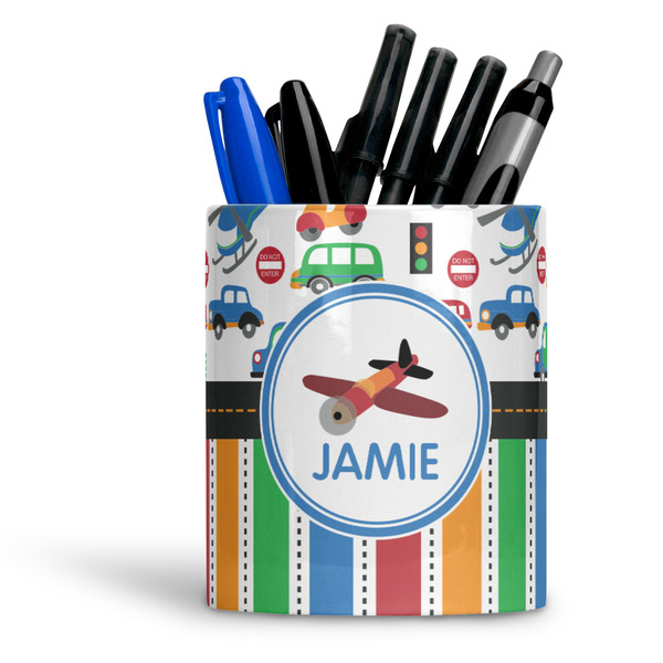 Custom Transportation & Stripes Ceramic Pen Holder
