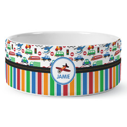 Transportation & Stripes Ceramic Dog Bowl - Medium (Personalized)