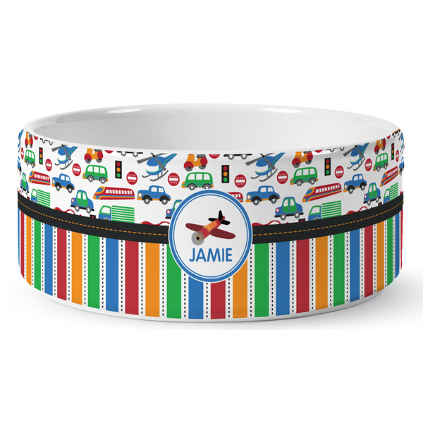 Custom Transportation & Stripes Ceramic Dog Bowl (Personalized)