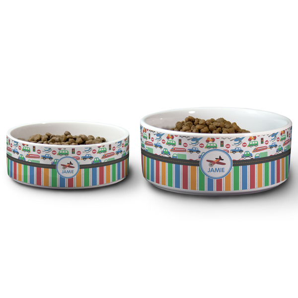 Transportation & Stripes Ceramic Dog Bowls - Size Comparison