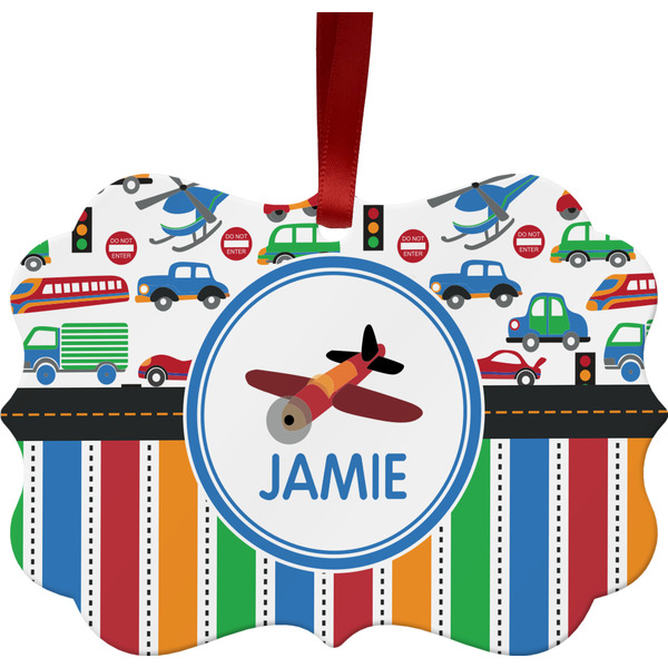 Custom Transportation & Stripes Metal Frame Ornament - Double Sided w/ Name or Text
