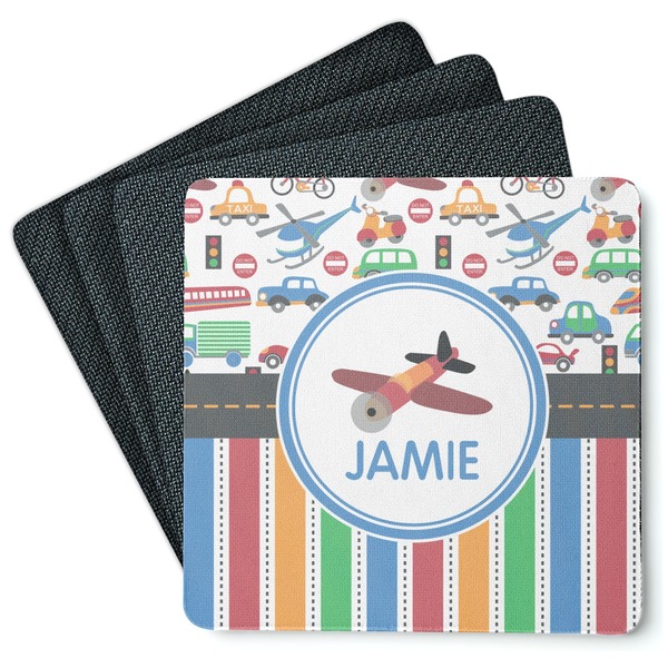 Custom Transportation & Stripes Square Rubber Backed Coasters - Set of 4 (Personalized)