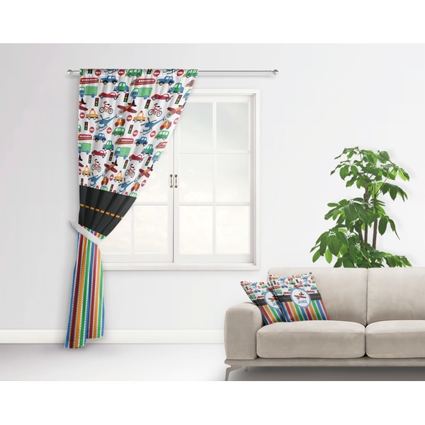 Transportation & Stripes Curtain With Window and Rod - in Room Matching Pillow
