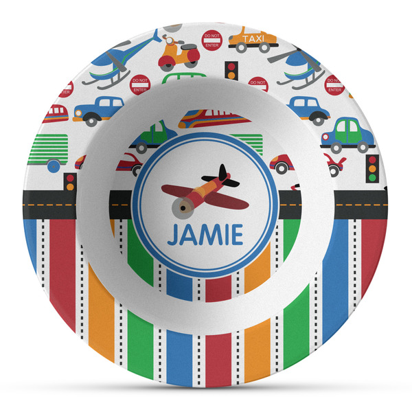 Custom Transportation & Stripes Plastic Bowl - Microwave Safe - Composite Polymer (Personalized)