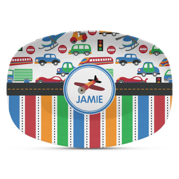 Custom Transportation & Stripes Plastic Platter - Microwave & Oven Safe Composite Polymer (Personalized)
