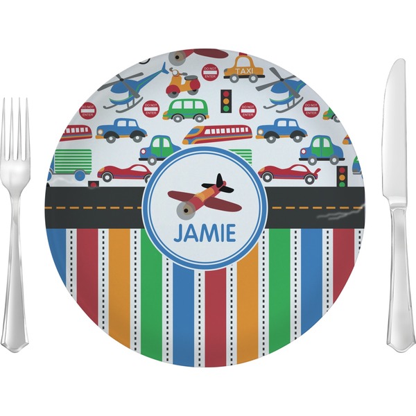 Custom Transportation & Stripes Glass Lunch / Dinner Plate 10" (Personalized)