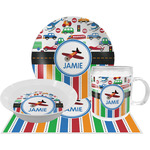 Transportation & Stripes Dinner Set - Single 4 Pc Setting w/ Name or Text