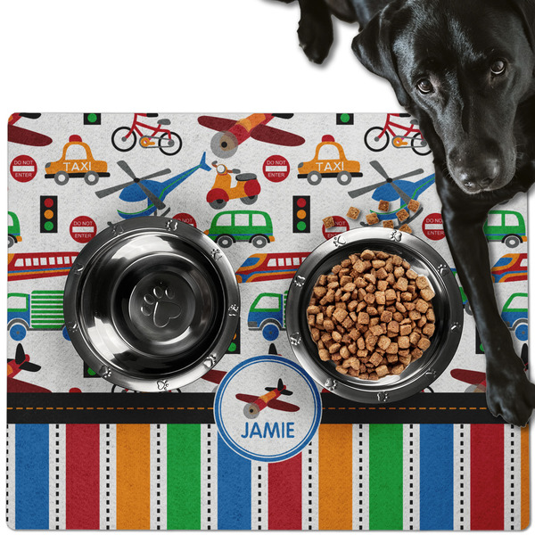 Custom Transportation & Stripes Dog Food Mat - Large w/ Name or Text