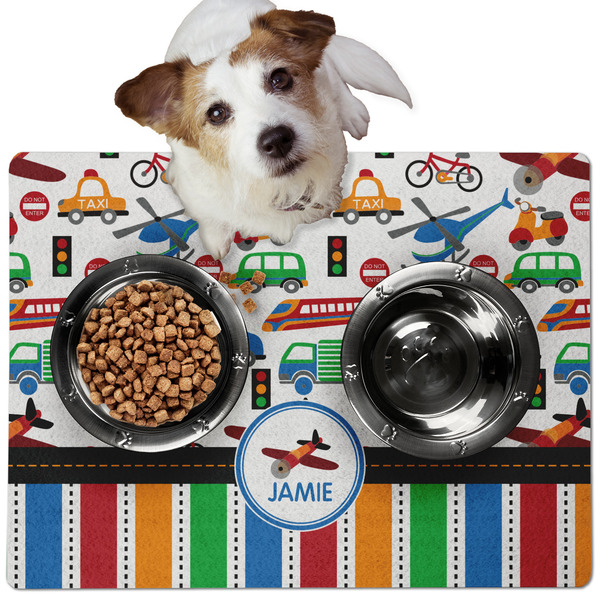 Custom Transportation & Stripes Dog Food Mat - Medium w/ Name or Text