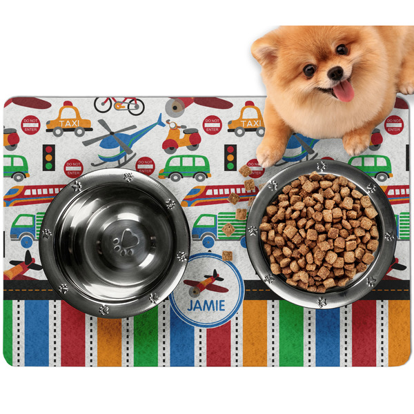 Custom Transportation & Stripes Dog Food Mat - Small w/ Name or Text