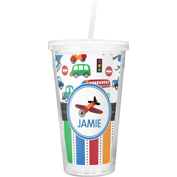 Custom Transportation & Stripes Double Wall Tumbler with Straw (Personalized)