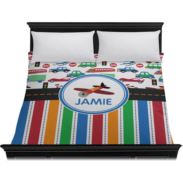 Transportation & Stripes Duvet Cover - King - On Bed - No Prop