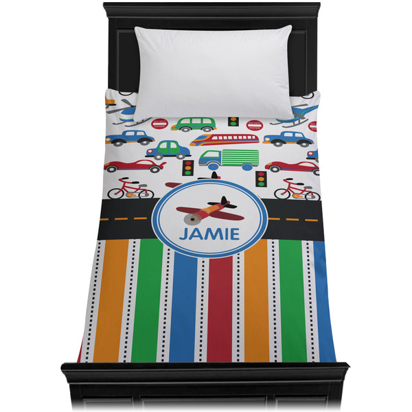 Transportation & Stripes Duvet Cover - Twin - On Bed - No Prop