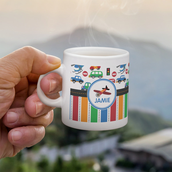 Transportation & Stripes Espresso Cup - 3oz LIFESTYLE (new hand)