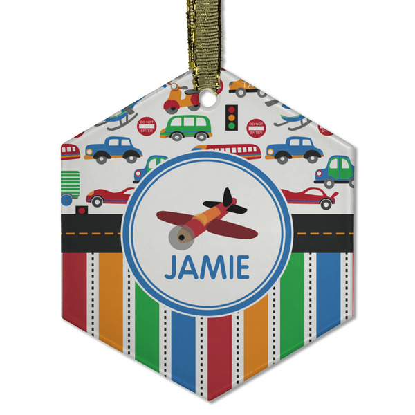 Custom Transportation & Stripes Flat Glass Ornament - Hexagon w/ Name or Text