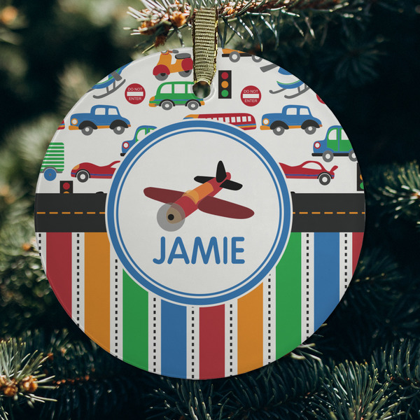 Transportation & Stripes Frosted Glass Ornament - Round (Lifestyle)