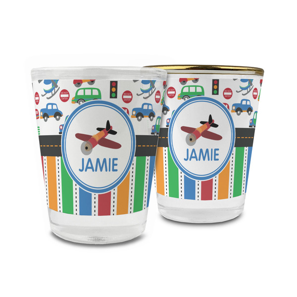 Custom Transportation & Stripes Glass Shot Glass - 1.5 oz (Personalized)