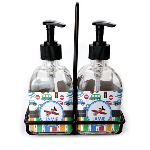 Custom Transportation & Stripes Glass Soap & Lotion Bottle Set (Personalized)