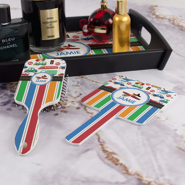 Transportation & Stripes Hair Brush and Hand Mirror - Bathroom Scene