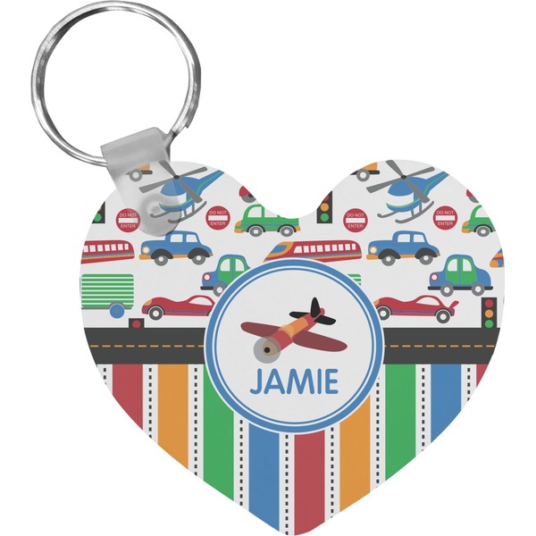Custom Transportation & Stripes Heart Plastic Keychain w/ Name or Text