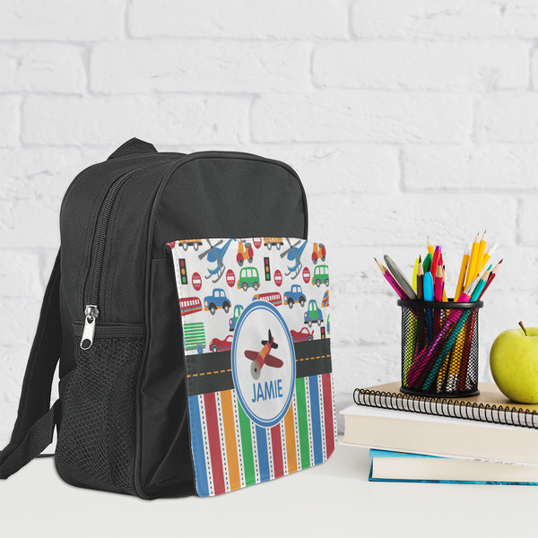 Transportation & Stripes Kid's Backpack - Lifestyle