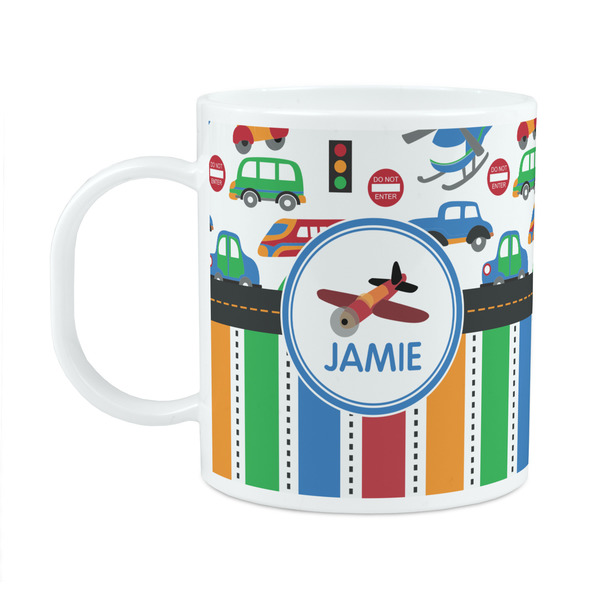 Custom Transportation & Stripes Plastic Kids Mug (Personalized)