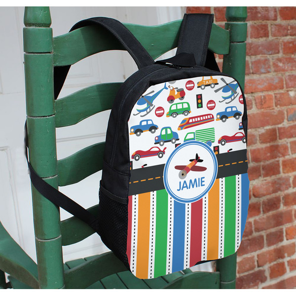 Transportation & Stripes Kids Backpack - In Context