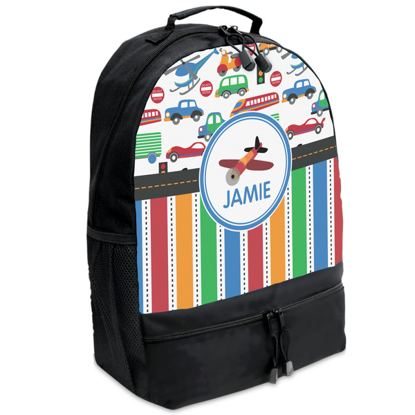 Custom Transportation & Stripes Backpacks - Black (Personalized)