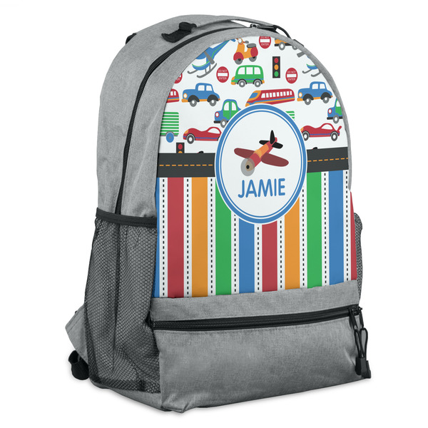Custom Transportation & Stripes Backpack - Grey (Personalized)