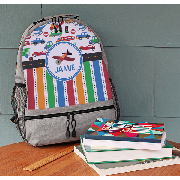Transportation & Stripes Large Backpack - Gray - On Desk