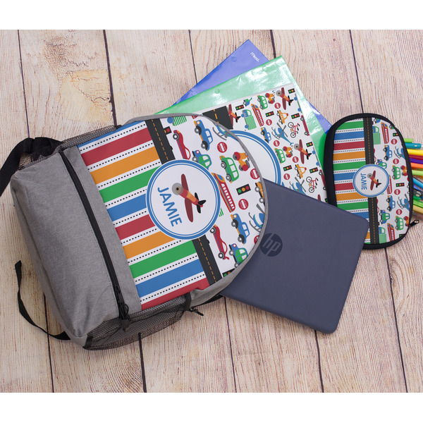 Transportation & Stripes Large Backpack - Gray - With Stuff