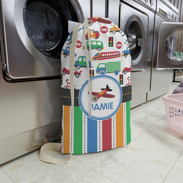 Transportation & Stripes Large Laundry Bag - In Context