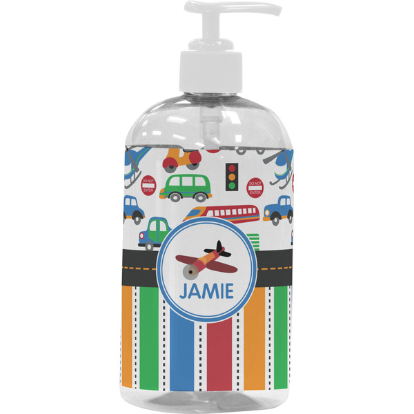 Custom Transportation & Stripes Plastic Soap / Lotion Dispenser (16 oz - Large - White) (Personalized)